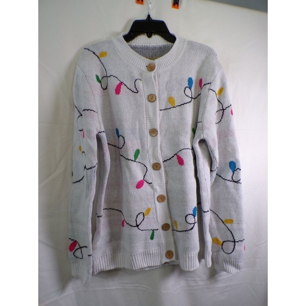 Women's XL Multicolor Button Up Cardigan Sweater White Knit V Neck